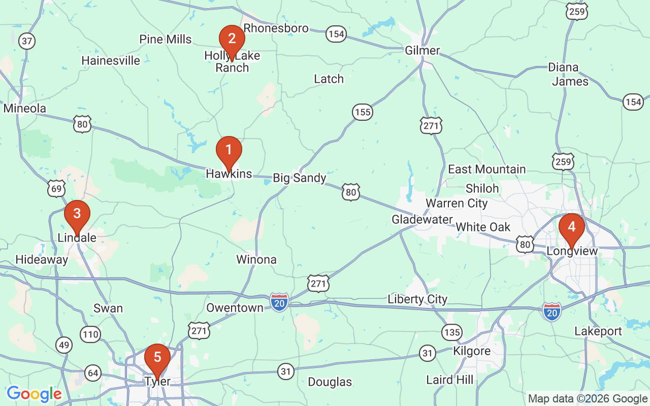 Map of Precision Lawn Systems LLC's service area, with markers on Hawkins, TX, Holly Lake Ranch, TX, Lindale, TX, Longview, TX, Tyler, TX.