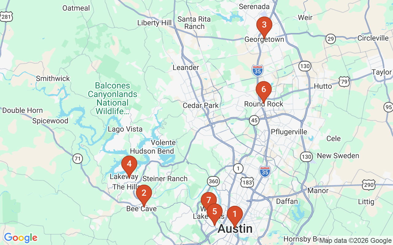 Map of Grandview Lawn & Landscape Solutions's service area, with markers on Austin, TX, Bee Cave, TX, Georgetown, TX, Lakeway, TX, Rollingwood, TX, Round Rock, TX, Westlake, TX.